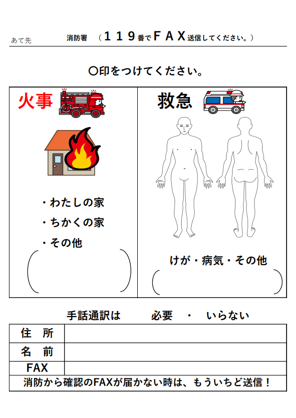 救急車・消防車を呼ぶ場合のファクス画像
